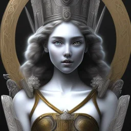 YamaOrce deviantart style Portrait of Greek Mythology Goddess Athena " with white elegant old greek apparel and Laurel crown.extremely detailed face, ,perfectly centered image,intricate detail.dark hair, sharp dark eyes, bright blue lighting, sarcastic smile, sharp focus hair. a Goddess of War trend on deviantart