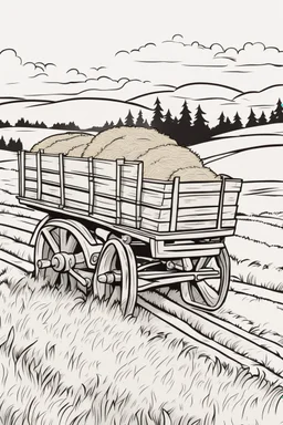 coloring page, flatbed wagon carrying hay, cartoon style, thick lines, low detail, no shading