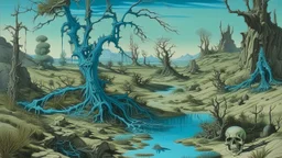 A greenish blue arid desert with skeletal trees and a tar pit painted by Albrecht Durer