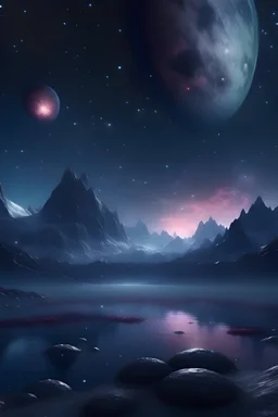 4k realistic Fantasy world galaxy, space, ethereal space, cosmos, water, panorama. Palace , Background: An otherworldly planet, bathed in the cold glow of distant stars. The landscape is desolate and dark, with jagged mountain peaks rising from the frozen ground. The sky is filled with swirling alien constellations, adding an air of mystery and intrigue. Old castle of london, detailed , enhanced, cinematic, with glowing moon and sun going down