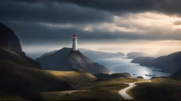 1066. Unusual amazing lighthouse, beautiful, strange, inspiring, extraordinary, peaceful, vast, restful, majestic mountains, beautiful lighting, attractive composition, photorealistic, extremely detailed, chiaroscuro, rule of thirds