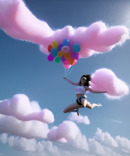 Ultra realistic speed clouds sky scene, wide angle view, sweet women falling down, inflatable color clothing, free jumping flying, many trinkets, hair monster, many jelly beans, balls, color smoke, smile, happy, circus style, extreme, wind, clouds sea, 20,000 feet altitude, stratosphere, soft color, highly detailed, unreal engine 5, ray tracing, RTX, lumen lighting, ultra detail, volumetric lighting, 3d, finely drawn, high definition, high resolution.