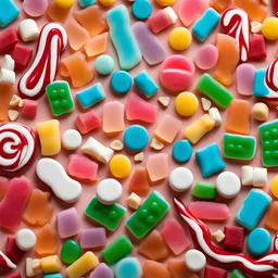 A mural on an entire wall in a street in London of gummy candies, toffee candies, leder candies, coffee candies and marshmallows in a celebration of brilliant colors