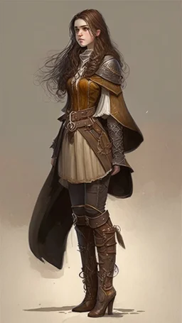 girl, brown hair, Her eyes are brown, she wears fantasy medieval clothes, she is slim, full body with boots side profile