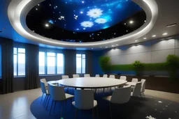 the room has a full starry sky on the ceiling. porcelain floors. oval table for 10 people. elegant chairs for 10 people. large electronic screen on the wall. flowers in the corners. for the classroom.