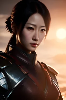 Portrait, Japanese female, dungeons and dragons character, ronin, samurai, armor, black hair, brown eyes, realistic, hyper realistic, high resolution, retroanime, masterpiece high quality