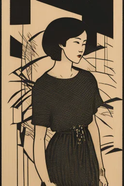 Mujer con el cabello corto , xilografia, duo tono