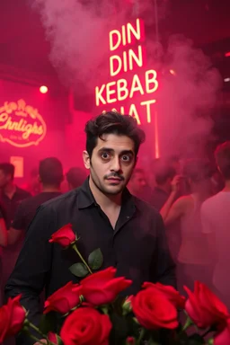 An spanish Guy with big eyes "Enrique" performing at dance club, his name is "Enrique" Red roses On stage, red Neon lights and smog, and "Din KEBAB I NATT" big sign on the wall