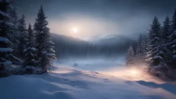 fir forrest scenery, heavy mist,valley,creek,forest,christmas ,tree,,nature,night,snow,fir tree,high-quality photograph,zeiss prime lens, bokeh , high detail, smooth render, unreal engine 5, dust effect, vivid colors,night