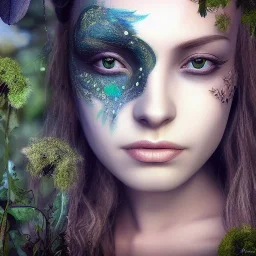 Portrait of beautiful girl, face dept of field,face shining, plant, metal, feathers,central weight average, CWA Dryad, fae, sidhe, ominous, nature, plants, wildflower sparkle,wildflower 3d view, facepaint, dnd character portrait, intricate, oil on canvas, masterpiece, expert, insanely detailed, 4k resolution, retroanime style, cute big circular reflective eyes, cinematic smooth, intricate detail , soft smooth lighting, soft pastel colors, painted Renaissance style,sharp fucus, bokeh,macro lens,