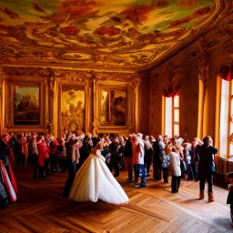Celebration in a schloss, austrian people, ledherhosen, Austrian aesthetic, warm colors, wooden floor, forest green walls, chiaroscuro, 8k, HD, cinematography, photorealistic, Cinematic, Color Grading, Ultra-Wide Angle, Depth of Field, hyper-detailed, beautifully color-coded, insane details, intricate details, beautifully color graded, Cinematic, Color Grading, Editorial Photography, Depth of Field, DOF, White Balance, 32k, Super-Resolution, Megapixel, ProPhoto RGB, VR, Halfrear Lighting