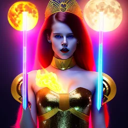 Attractive young teenage girl with golden fire red hair wearing a galactic tiara, who is dressed like a warrior casting a spell holding quarterstaff, she has cat ears and open dazzling blue eyes, has a normal nose, background is realistic space with a moon, the girl is on a planet, black goth girl dress, full body portrait, arm colors gradient effect into stars, rendered, unity 3d, unreal engine, dslr, hdr, 4k, edited, photorealistic, normal number of appendages, freckles, artists render