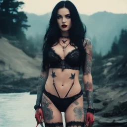 The Dark Lord's Granddaughter is a witch with her bloody fangs, covered by tattoos and lace agent provocateur swimsuit [vintage style noisy scratches glitches, Shot the texture and then rewound the film and double exposed from a 1970 B series movie]