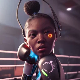 Cyberpunk robot black girl, boxing in the ring, unreal engine 5, octane render,cinema4d, dynamic lighting, 8k, redshift render, highly, hyperrealism ultra detailed, hyper realistic.