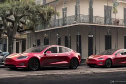 A Tesla 'Model S' is parked, on the streets of New Orleans. (CINEMATIC, WIDE ANGLE LENS, PHOTO REAL)