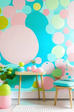 Craft a playful handpainted wall mural featuring colorful circles reminiscent of bubbles. Use a pastel palette to create a light and whimsical atmosphere. Color Palette: Bubblegum pink, mint green, baby blue, lemonade yellow.