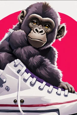 a profile picture of a small gorilla sitting in a purple Converse sneaker, like it's a car, comic style