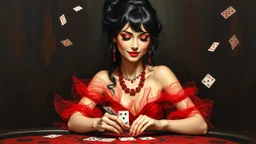 impressionist oil painting smooth brush strokes "head and shoulder" beautiful woman sitting at poker table elegant red tulle and shiny dress, red jewelry black hair in a bun, big hanging curls, slight smile, eyes downcast, long eyelashes cards in hand dark background other small cards flying around her some deteriorating grainy noise falling particles, backlight