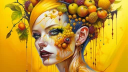 Punk woman 49 years old, hair made of Fruits, Grapes, tangerines, gold, gouache, watercolor, acrylic, paint drips, branches, fine drawing, golden makeup, bees, tattoo, alien, bright colors, fine drawing, double exposure, high detail , high resolution, 8K, 3D, bees,