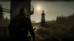 Escape from tarkov A man standing by a lighthouse holding a gun no text