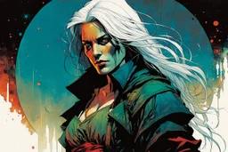 create an imaginative full body print illustration of an ethereal, otherworldly haggard and grim female Witcher , in the comic book art style of Bill Sienkiewicz, Mike Mignola, and Jean Giraud Moebius, with highly detailed feminine facial features , finely drawn, colored and inked,