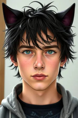 A young man with messy black hair, black cat ears on his head, blue eyes.