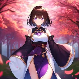 Clear focus,High resolution, one girls, Short brown hair, Purple eyes, Wearing a techy outfit standing with blurry sakura leafs falling down, Wearing a split skirt, Cut Sleeves, Gacha Animation