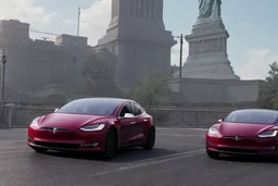 A Tesla 'Model 3' is drifting at top speed, near the 'Statue of Liberty' in New York. CINEMATIC. WIDE ANGLE LENS. PHOTO REAL.