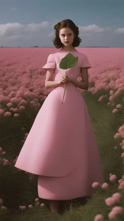 a woman standing in a field holding a large leaf, an album cover, inspired by Winona Nelson, flickr, magic realism, wearing pink dress, mackenzie foy, 1 9 9 9 photo from life magazine, vogue italy --q 2 --v 5 --ar 3:4