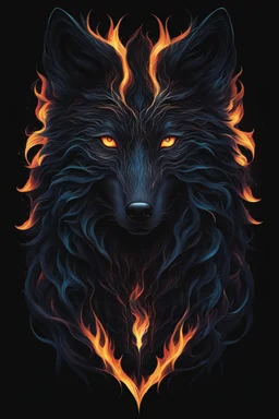 Captivating minimalist illustration of cosmic wolf, made up of intricately intertwined black flames. Her intense, bright eyes draw the viewer into her mesmerizing gaze, the pulsing energy of each flame creating a euphoric symphony within the heart. Dark background,the bright striped tail adds depth and dimension to the scene,evoking a feeling of dark fantasy, intriguing and mysterious aura. Vector pop art cinematic piece masterfully combines light and shadow, leaving the viewer in awe.Full body