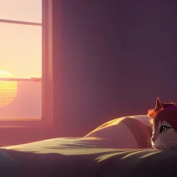 cama, amanecer, ventana, esperanza, gato