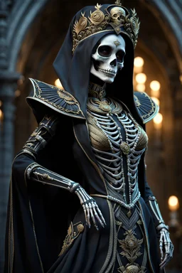 a beautiful skeleton woman dressed in a queens attire, queen of the underworld, intricate, detailed, sideway pose, living dead, morbid, unholy, a living dead, fantasy, extremely intricate, cinematic, hyper realistic, hyper detailed, cinematic, absurdnes, 4k, 8k, UHD, HDR, octane render, unreal engine