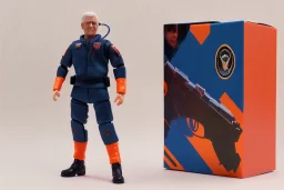 Box of Mike pence g.i. joe toy figure With a Laser gun space force Blue fabric uniform, fluorescent orange, black boots, packaging