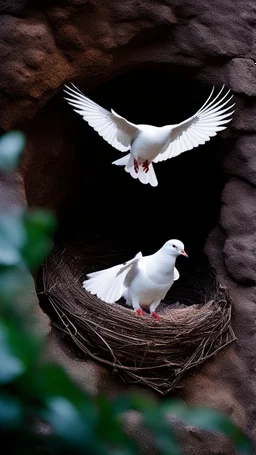 A white dove sitting in a nest i font of A very fine spider web covering the cave entrance in front of a dark cave entrance . Beg birds nest with a dove sitting in it inBOKEH shot style of time-lapse photography, fujifilm provia 400x, 100mm lens, luminous shadows, renaissance-inspired , home and garden, wildlife nature photography, HDRI.