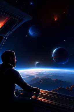 A man is looking at the stars from the window of his spaceship while a huge planet rises beyond the horizon, several spaceships are battling in front of the planet.