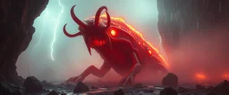 horrible space slug in the style of giger, in fog and spectacular fire rain