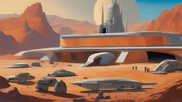 Remote and Secret martian Military Base, Chesley Bonestell Style, colorful, very detailed, near view