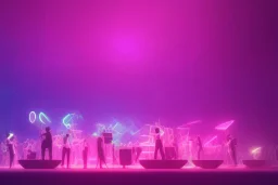 An orchestra playing on stage purple neon color scheme, high key lighting, volumetric light high details psychedelic background