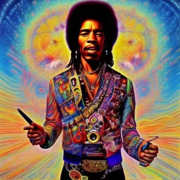 a realistic picture of Jimi Hendrix with dreadlocks, at a turntable with headphones on being a DJ, vivid color, with sunglasses, psychedelic trippy art, with UFOs in the background