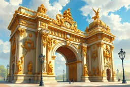 ornate baroque entrance gate, Arc de Triomphe, beautiful gilded building, fantasy art painting