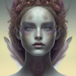 Portrait of beautiful girl, face dept of field,face shining, plant, metal, feathers,central weight average, CWA Dryad, fae, sidhe, ominous, nature, plants, wildflower sparkle,wildflower 3d view, facepaint, dnd character portrait, intricate, oil on canvas, masterpiece, expert, insanely detailed, 4k resolution, retroanime style, cute big circular reflective eyes, cinematic smooth, intricate detail , soft smooth lighting, soft pastel colors, painted Renaissance style,sharp fucus, bokeh,macro lens,