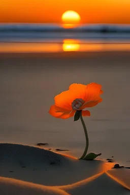 single orange flower on the beach at sunset