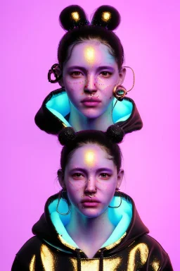 Ultra Realistic image, Rosalía artist, portrait, waist up portrait, long black eye line, sweet face, inflatable hoodie, gold pink and blue style, spray glow make up, led lights, neon, rings piercing nose, led ornament, fog, cold, bubble latex coat, vibrant color, highly detailed, art stations, concept art, smooth, unreal engine 5, god rays, ray tracing, RTX, lumen lighting, ultra detail, volumetric lighting, 3d, finely drawn, high definition, high resolution.