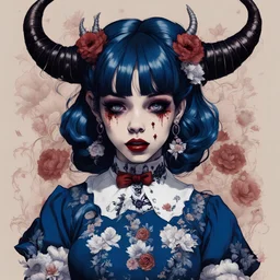 wears a smart shirt which is embroidered with bluered flowers and ornaments, has dark eyes and horns,Poster in two gradually, a one side malevolent goth vampire girl face and other side the Singer Melanie Martinez face, full body, painting by Yoji Shinkawa, darkblue and sepia tones,