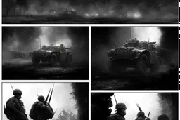 Masterpiece1:5)(Fineart), (award-winning:1.5), highest quality, (ultra realism:1.5) war journalism(,(by Tim Page and Hoorst Faas:1.5))(photorealistic:1.8), (Eastern Ukraine:(panel one:the moment after a battle ends, horrors of war, wounded men),(2nd panel, cinematic shot of men sitting in trench with 1000 yard stare (focus on their eyes:1.5)),(the third panel shows troops tired but hyper alert), (the fourth panel shows the sky is filled with incessant, fire and smoke,)