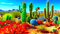 A vibrant desert landscape with various cacti and succulents, including red and orange flowering plants, against a bright blue sky