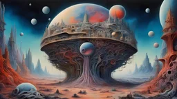 The Last Outpost Of Life In A Dying Universe || surreal sci-fi, astral, cosmic, galactic, in the styles of Otto Rapp and Gerald Scarfe and Hipgnosis, intricately detailed, expansive, maximalist, mixed media, modern colors, epic, stunning, beautiful, magic realism, highest resolution
