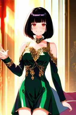 Ultra detailed anime illustration of of a woman with a short black bob hairstyle, shiny aura, highly detailed, golden filigree, intricate motifs, sunlight, smiling face, blushing, loving gaze, red and green, full body pose, ultra detailed posture, fantasy, fantasy environment, anime style, ((overload merged with One Piece)) bright colors, cmyk colors, backlit, misty light, extremely detailed, grandeur and awe, cinematic, stunning visual masterpiece, double exposure, highest quality, 32k, yly.png