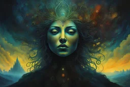 painting of a woman experiencing deeply surreal, ethereal, and hallucinatory visions during an ayahuasca journey into the realms of transformative and expanded consciousness, highly detailed in the style of Bill Carman and Zdzislaw Beksinski, sharply defined and detailed, 4k in dark moody natural colors