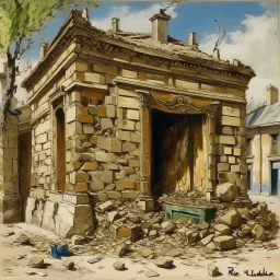 A brownish bronze ruined rocky temple with shattered pottery painted by Maurice Utrillo